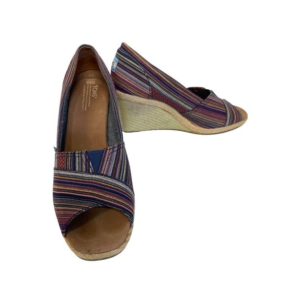 Toms Espadrille Wedge Heel Open Toe Sandals Size 9.5 Striped - Picture 8 of 8